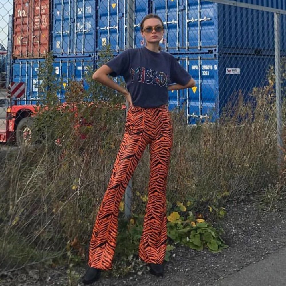 Jaded London Orange Tiger Sequin Flares Trousers Pants